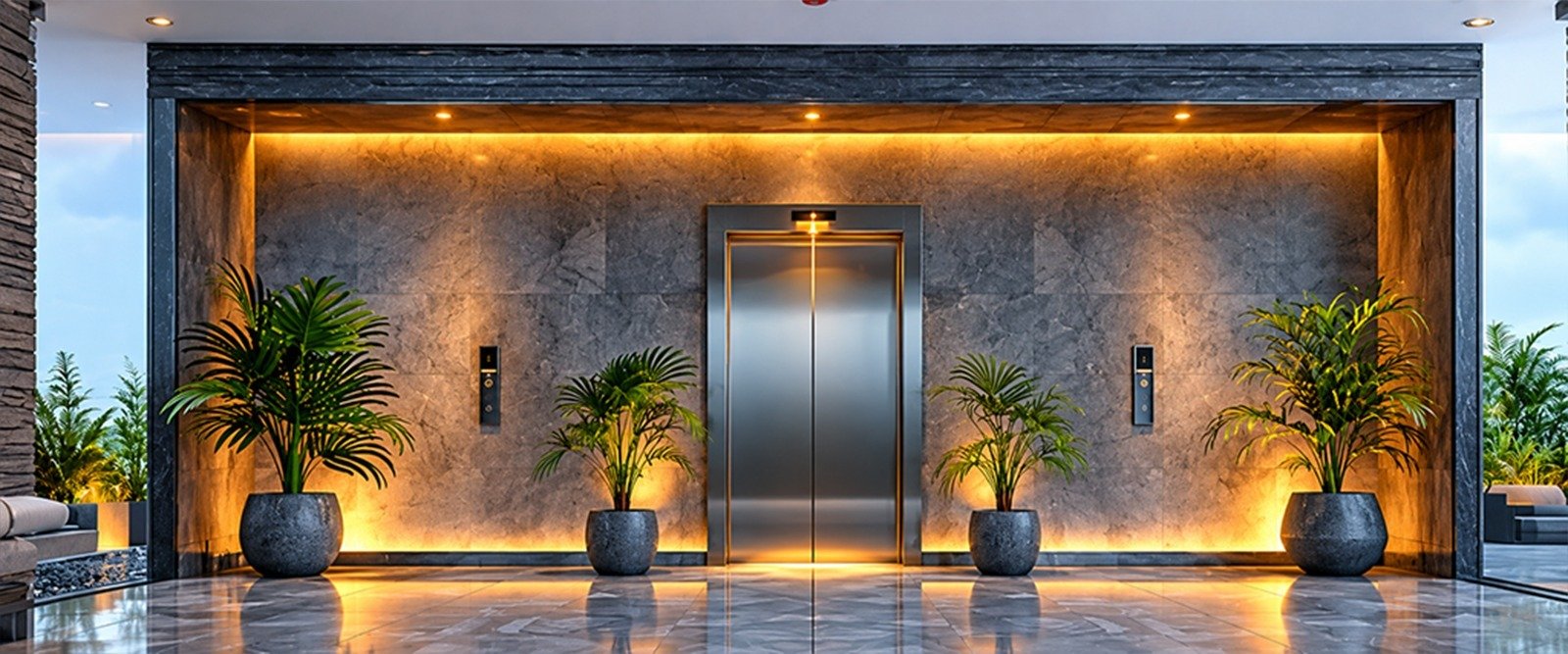 A stainless steel elevator set against a textured stone wall, framed by warm ambient lighting and decorative plants, showcasing Premium Elevators in a stylish contemporary building lobby.
