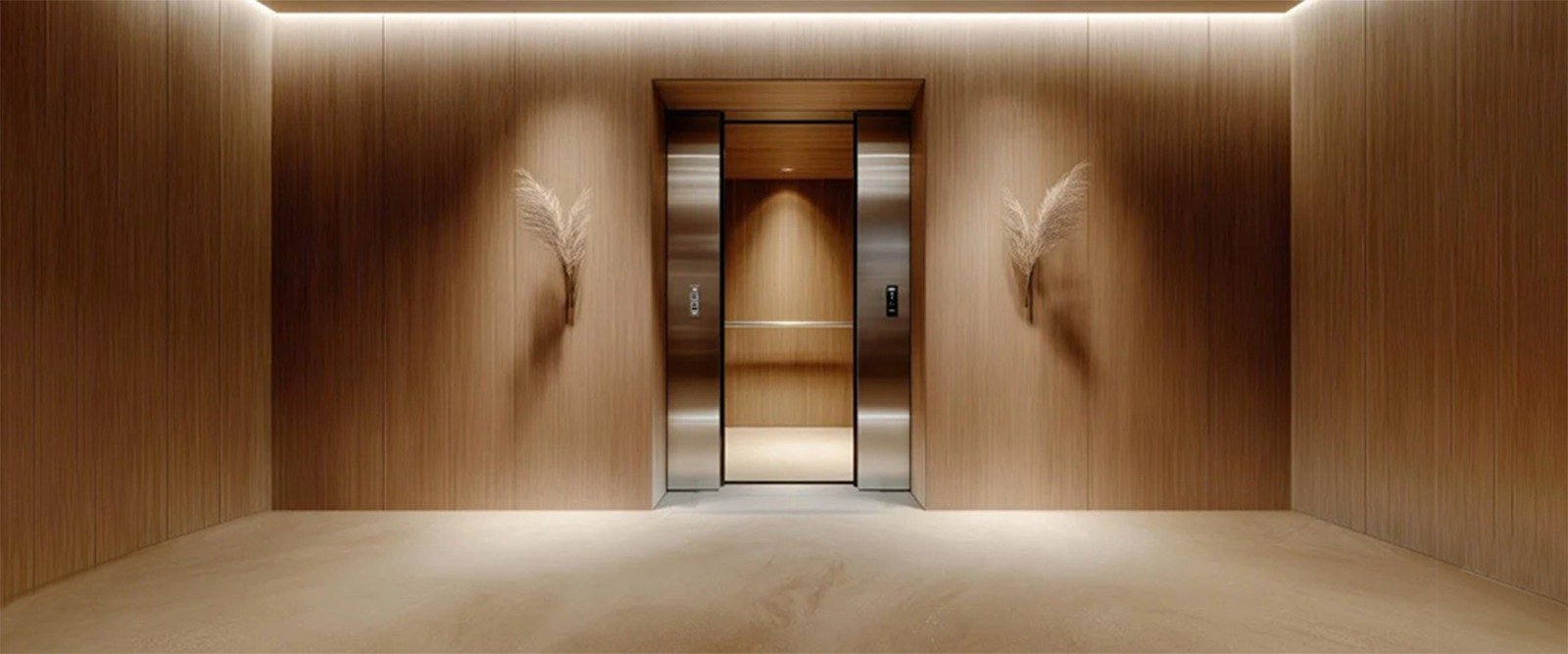 Open home elevator with stainless steel doors and warm wood-panelled interiors, showcasing Home and Villa elevators designed to complement spacious, contemporary residential spaces.