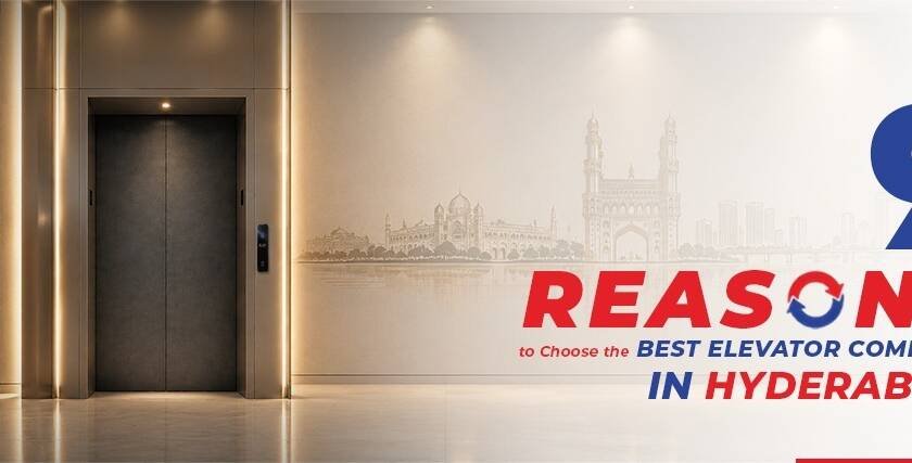 Modern elevator entrance in an elegant interior with Hyderabad city landmarks, highlighting 9 reasons to choose reliable elevator manufacturers for quality, safety, design, and building solutions.