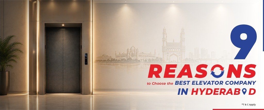 Modern elevator entrance in an elegant interior with Hyderabad city landmarks, highlighting 9 reasons to choose reliable elevator manufacturers for quality, safety, design, and building solutions.