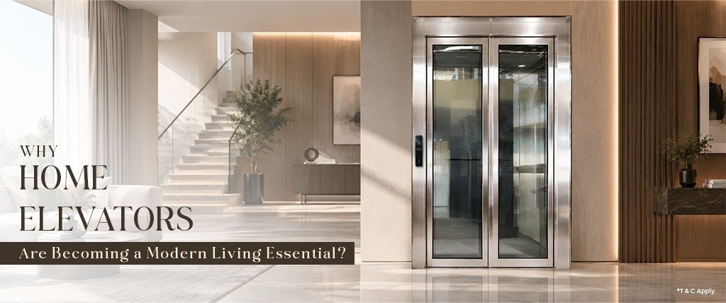 Modern home elevator with sleek glass doors and stainless steel finishes in an elegant residential interior, showcasing how Home Elevators enhance accessibility, comfort, and everyday convenience.